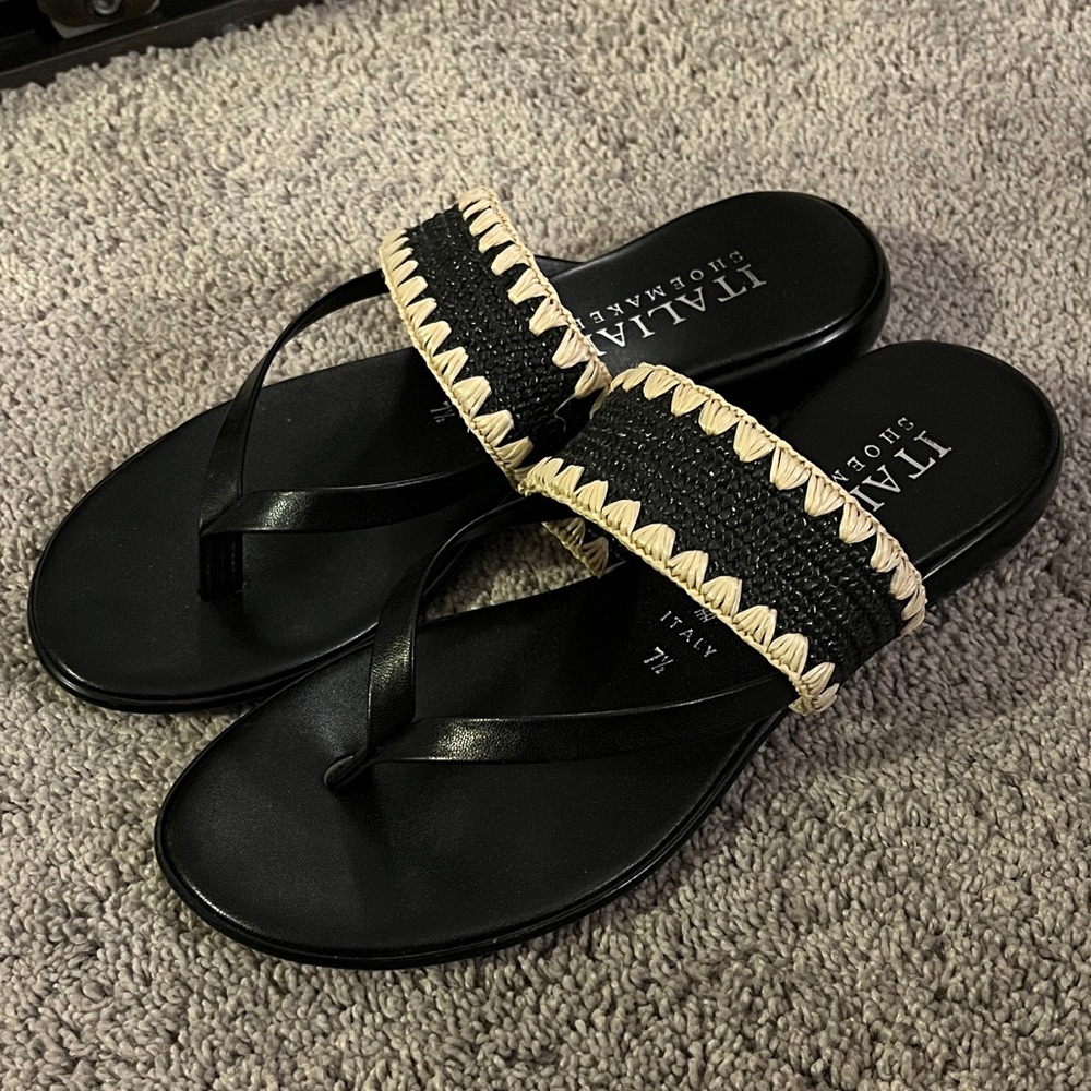 Italian Shoemakers Black Leather Raffia Sandals